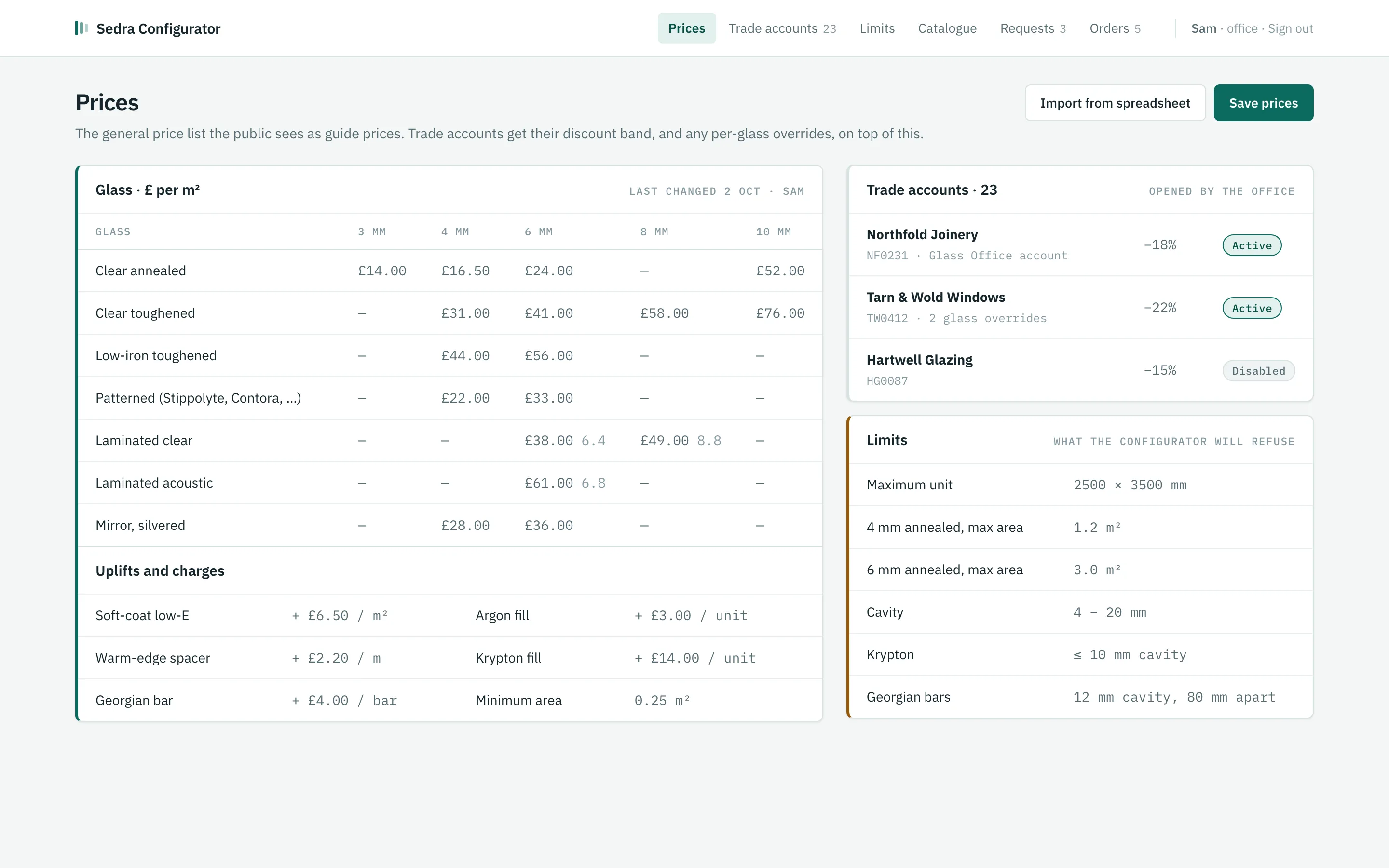 The Sedra Configurator admin area: the price list, trade accounts with their discounts, and the manufacturing limits