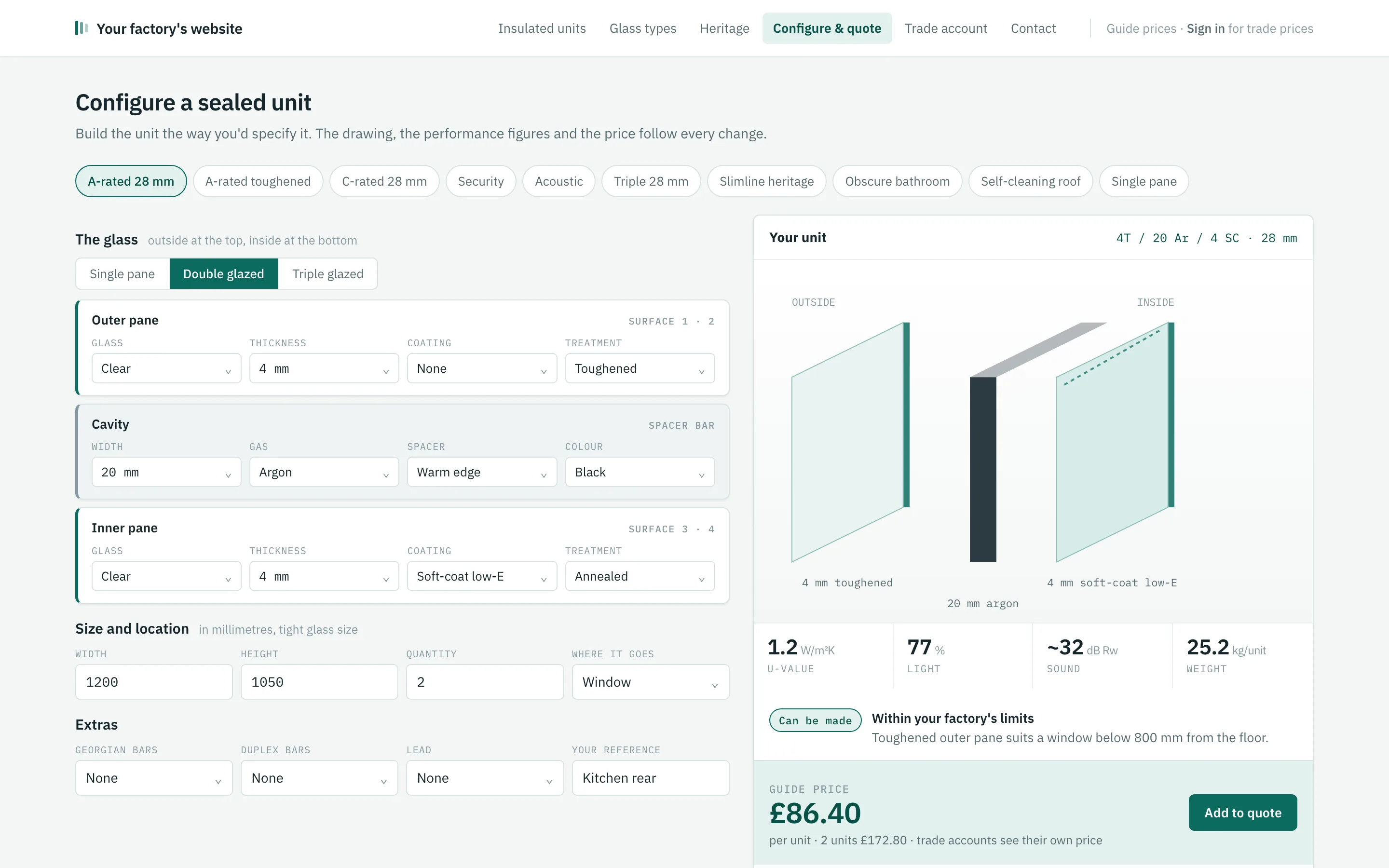 The Sedra Configurator on a factory's website: the panes and cavity of a sealed unit on the left, an exploded drawing, performance figures and a guide price on the right