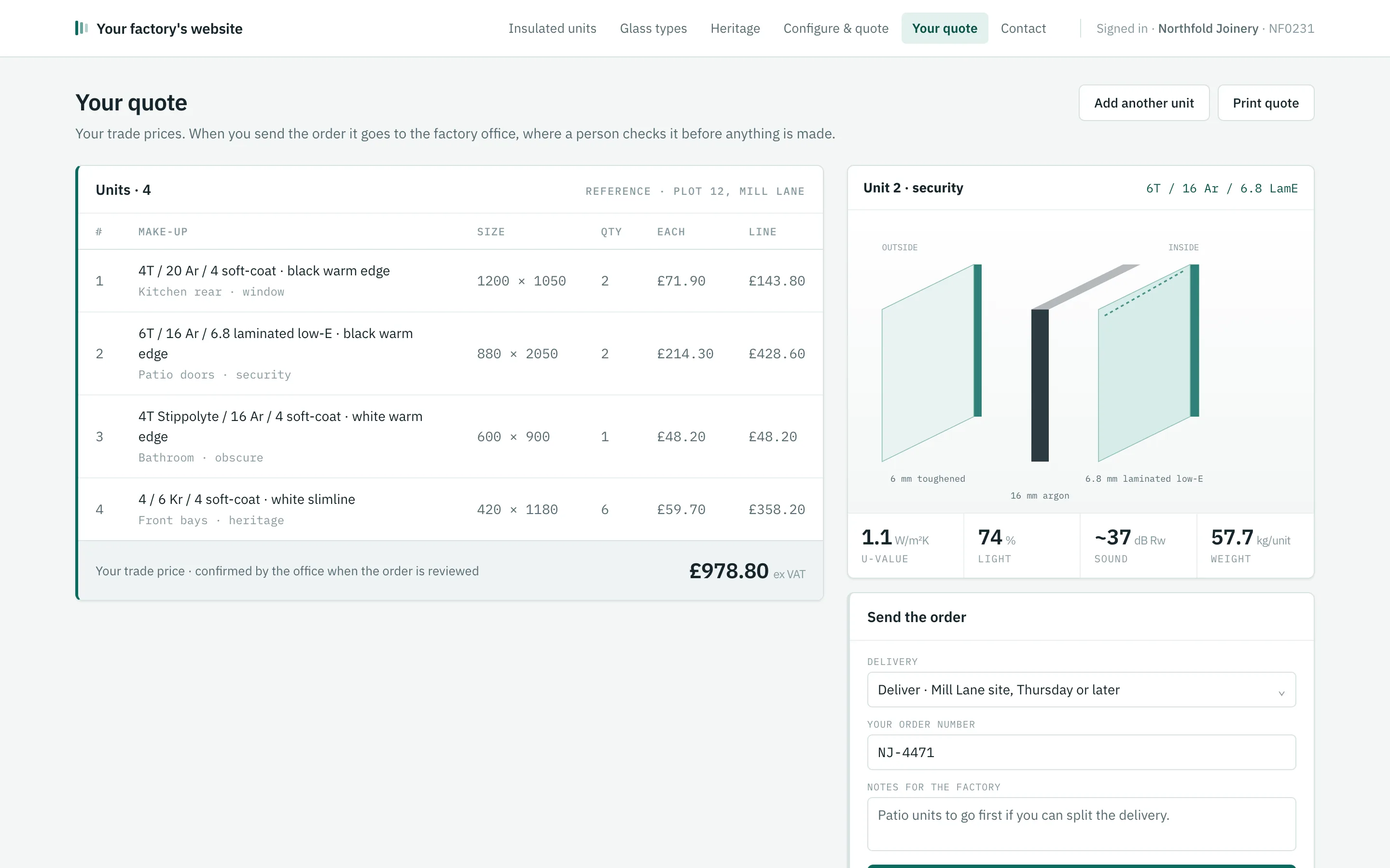A trade account's quote: four units with trade prices, and a Send order to the factory button