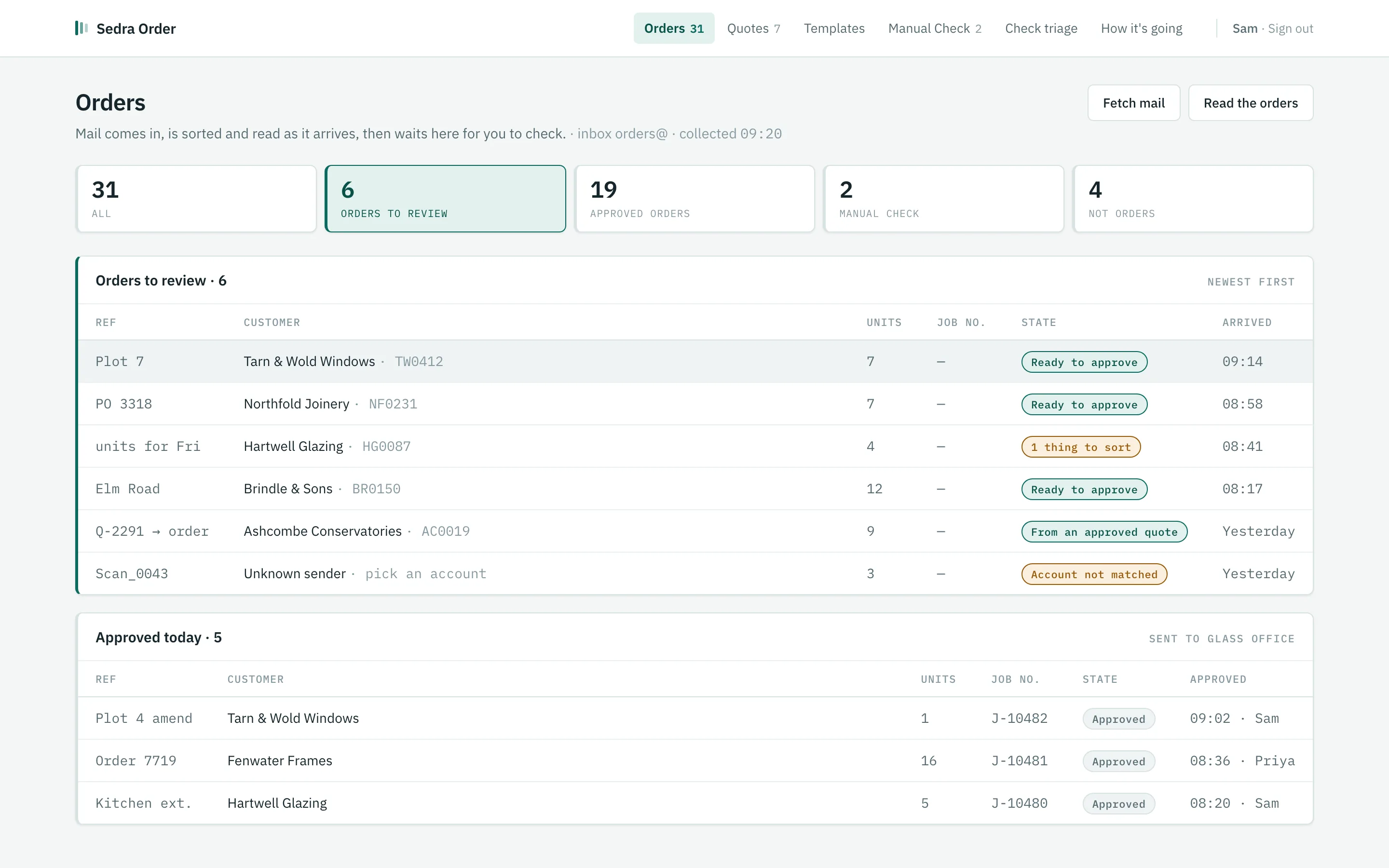 The Orders screen: counts for orders to review, approved, manual check and not orders, above a list of orders with their state