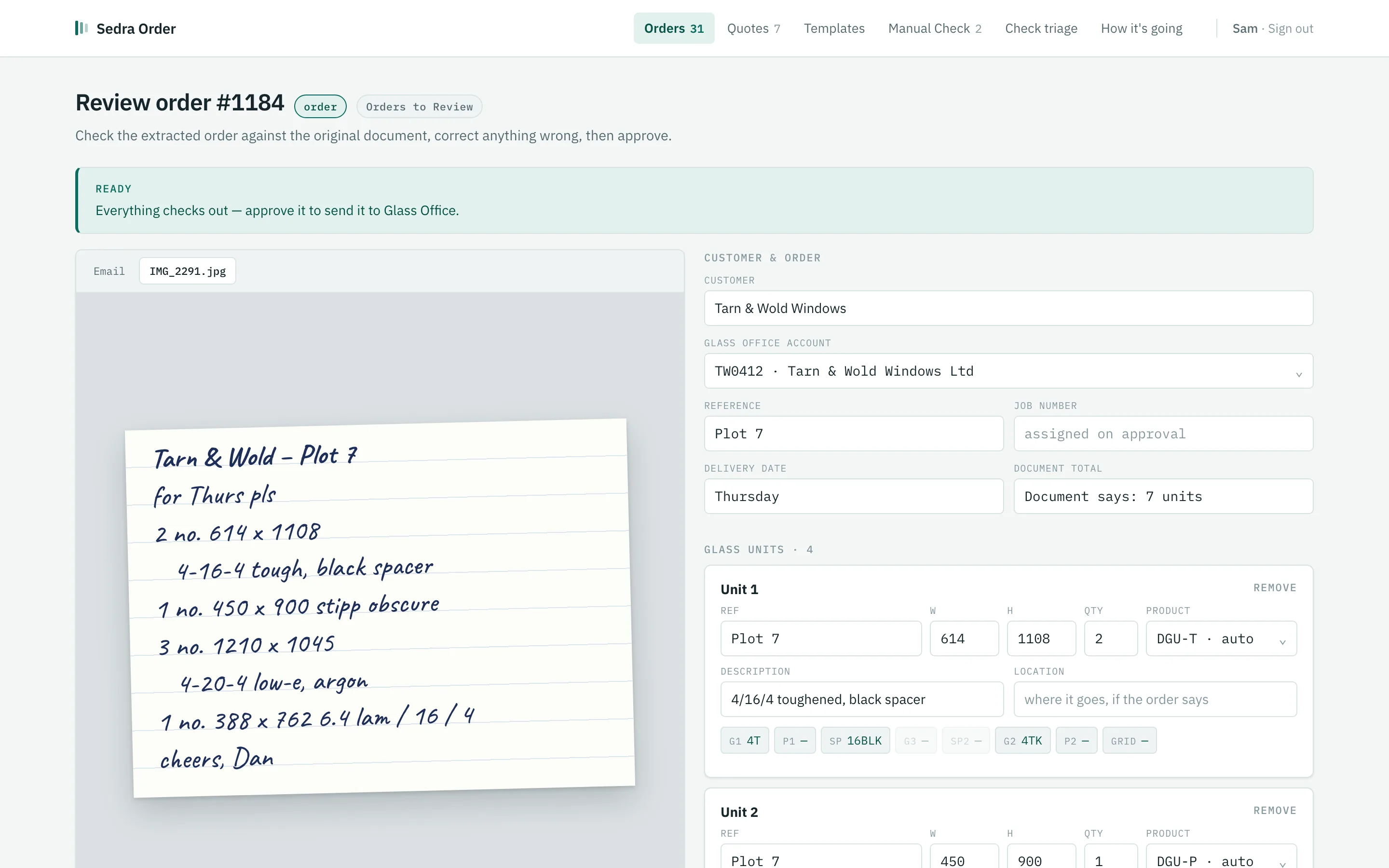 The Sedra Order review screen: a photographed handwritten order sheet on the left, the order read from it on the right, with Approve order at the bottom